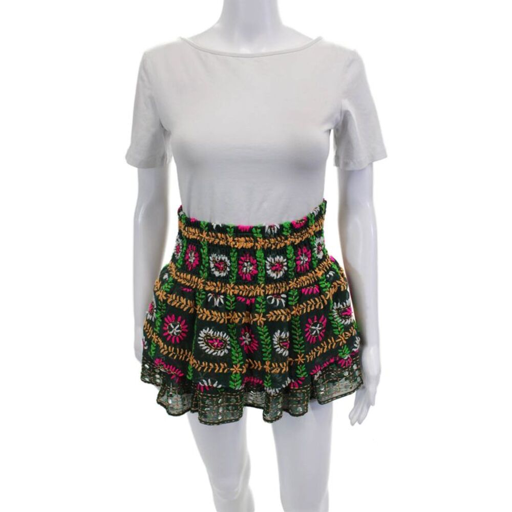 Anouk Grewal Womens Smocked Floral Embroidered Mini Skirt Green Size Small